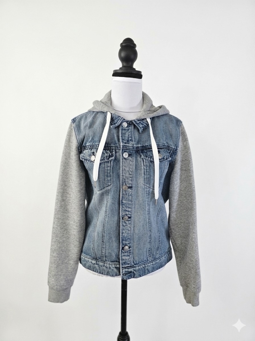 H&M Light Blue Denim Jacket with Gray Knit Hood